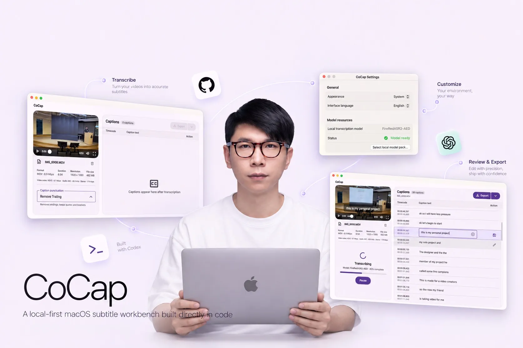 Ning holding a laptop, surrounded by CoCap windows for transcribing, settings and caption review