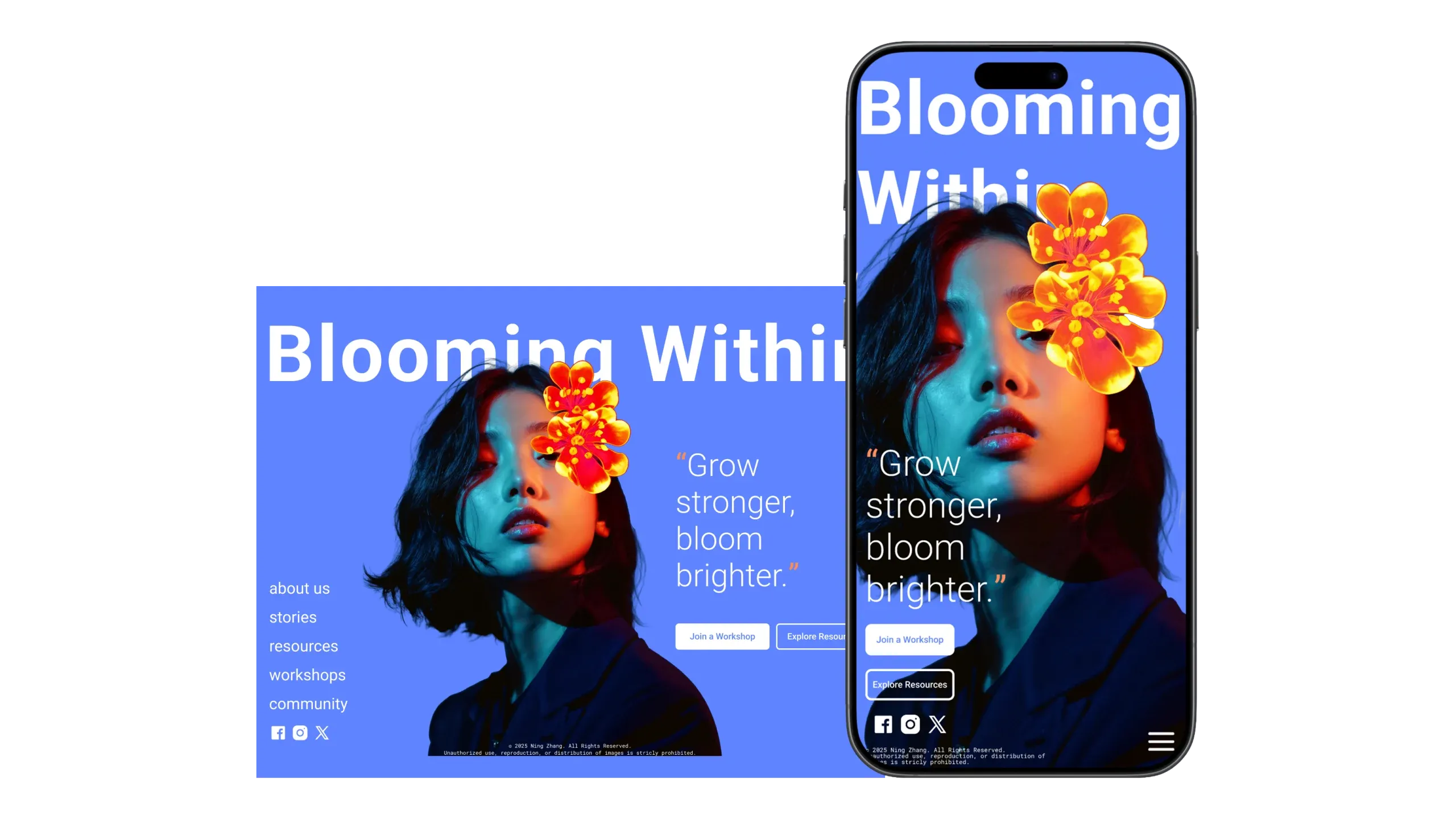 The Blooming Within landing page on a desktop screen and a phone, with an orange flower over the eye of a portrait on a blue background