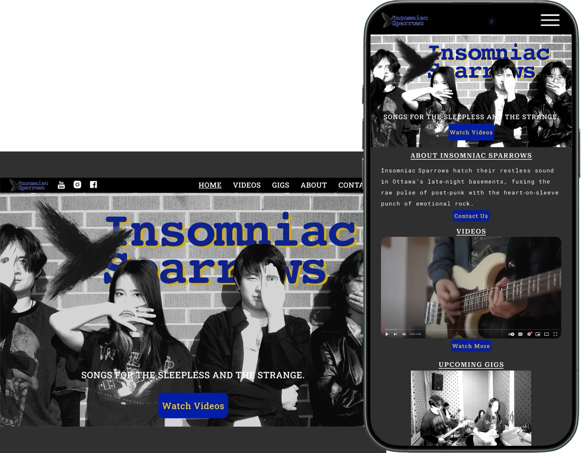 The Insomniac Sparrows website on a desktop screen and a phone, with the band's black-and-white photo behind the blue and yellow wordmark