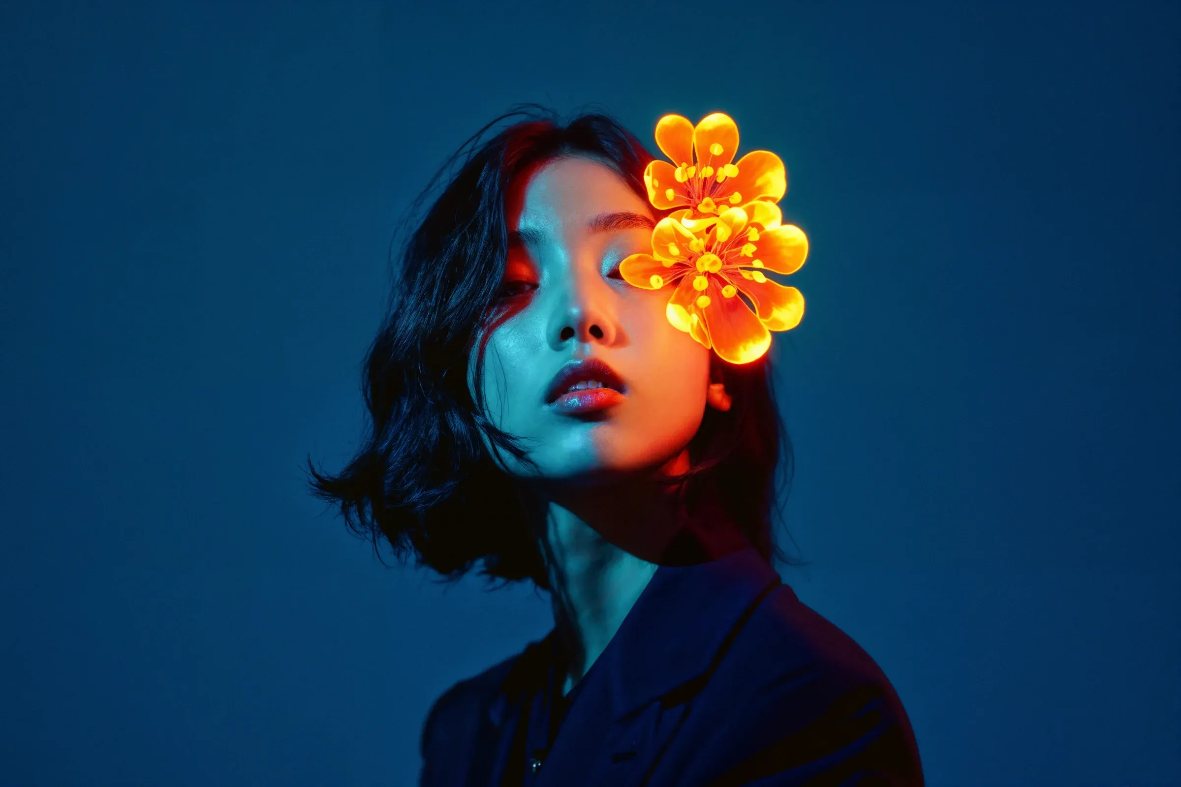 A Midjourney portrait of a young woman with short dark hair, lit in blue and red, with an orange flower over one eye