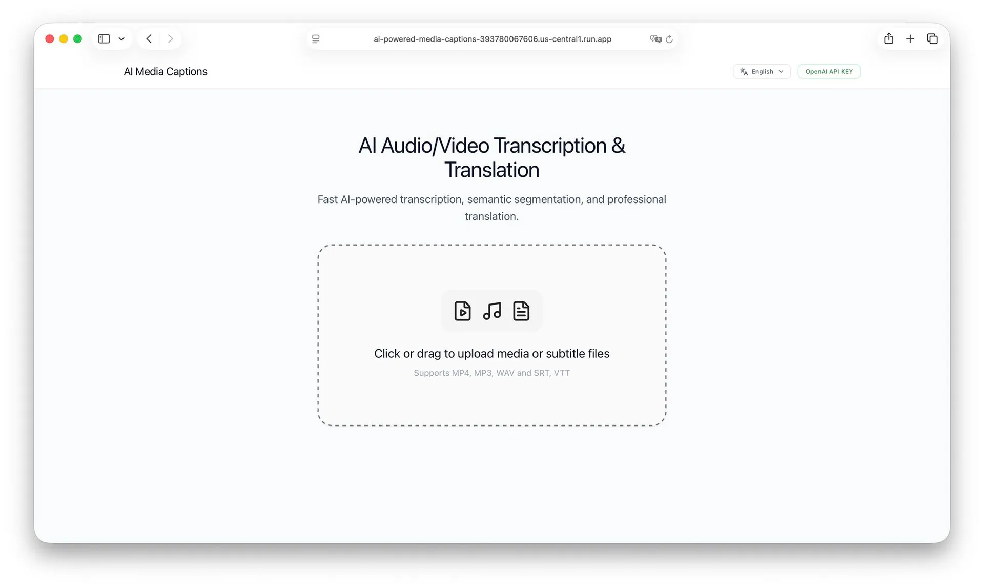 The first browser version, AI Media Captions, with a dashed drop zone for media and subtitle files