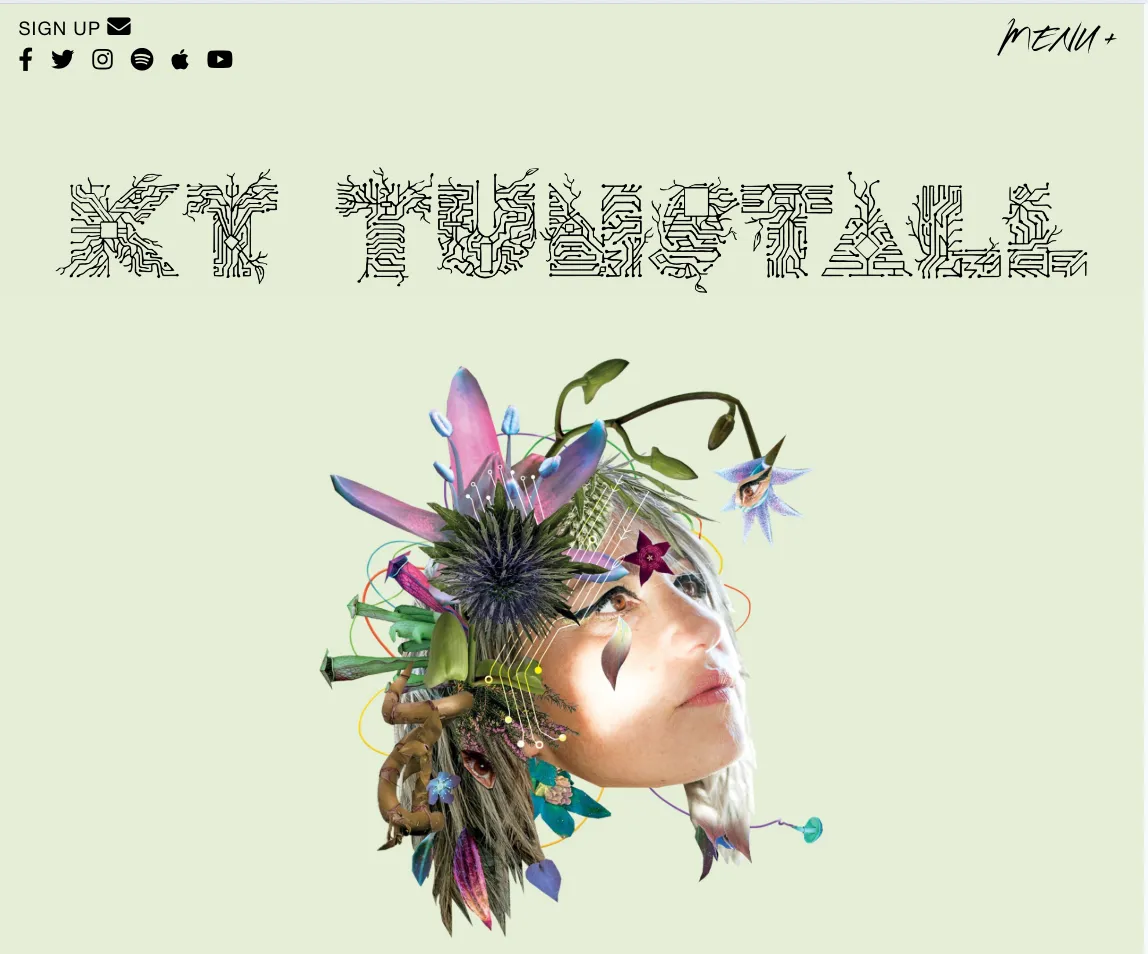 KT Tunstall's homepage: a collage portrait with flowers under her wordmark, with social and streaming icons at the top