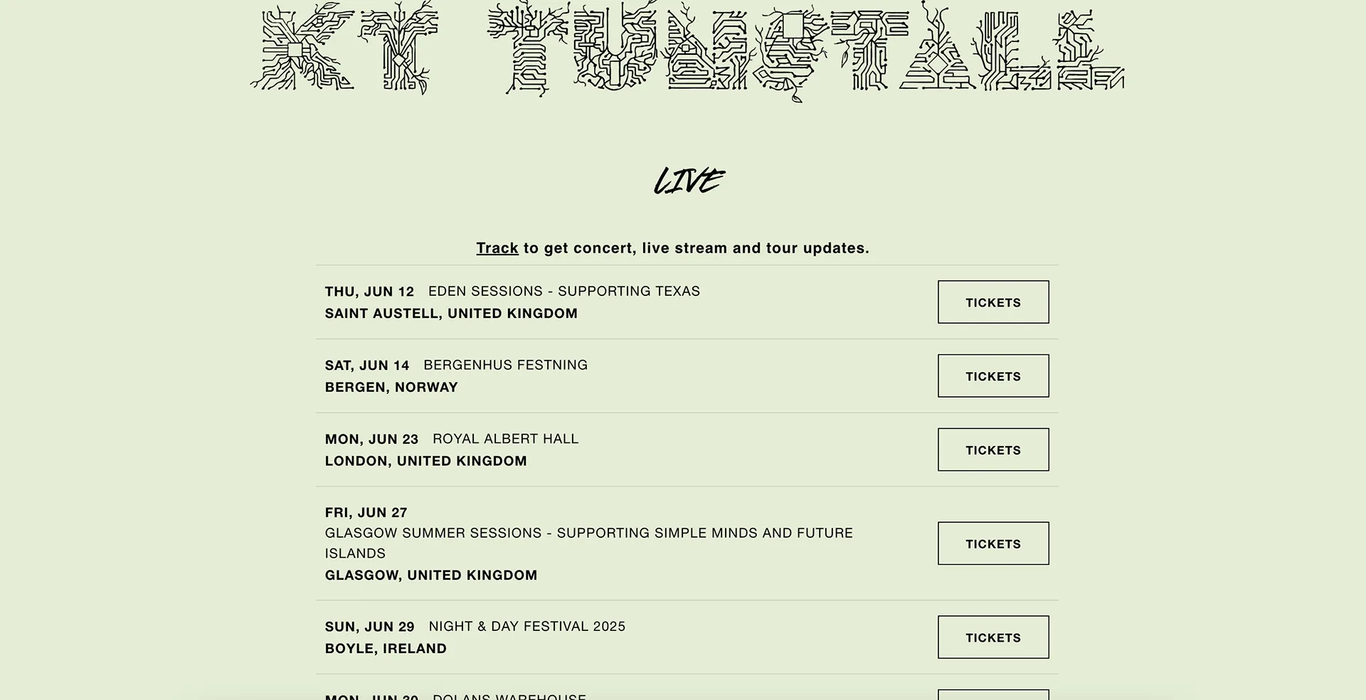 KT Tunstall's live section listing upcoming shows by date and city, each with a Tickets button