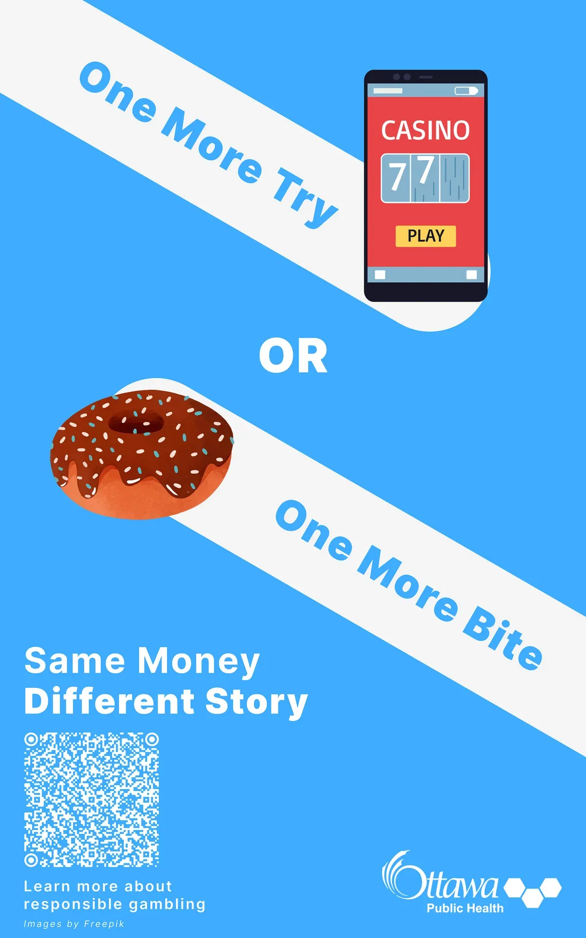 The original blue poster: a vector phone showing a slot machine above a vector donut, with headlines in white bars