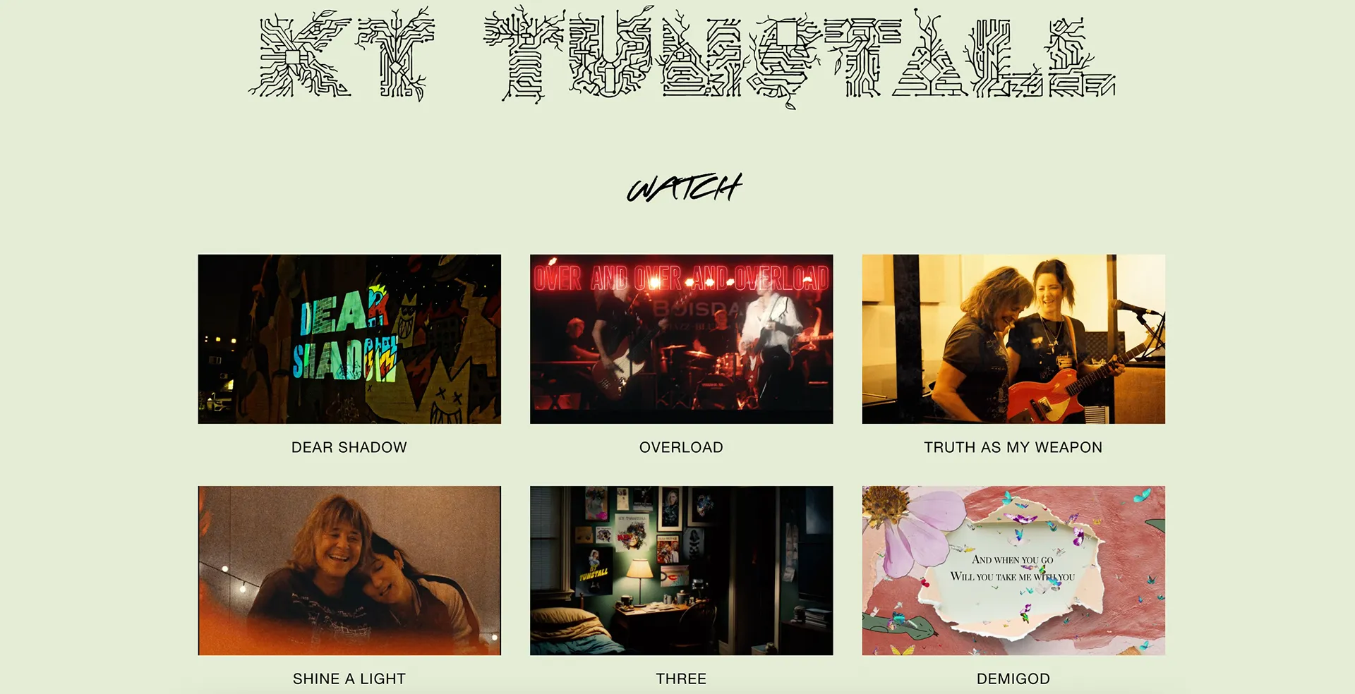 KT Tunstall's Watch section: six music video thumbnails in two rows
