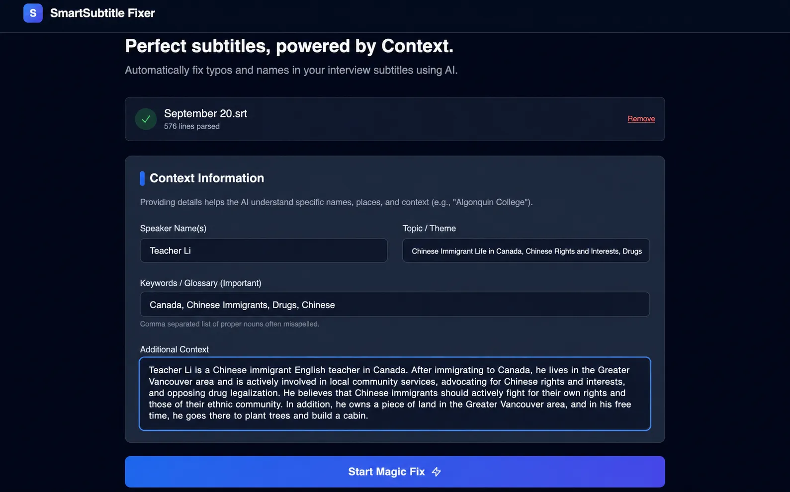The AI Studio prototype on a dark background, with fields for speaker names, topic, keywords and additional context