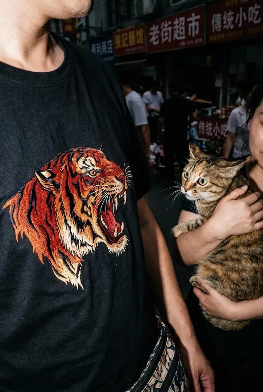 AI-generated street photo of a man in a black T-shirt printed with a roaring tiger, beside a woman holding a wary tabby cat on a busy shopping street