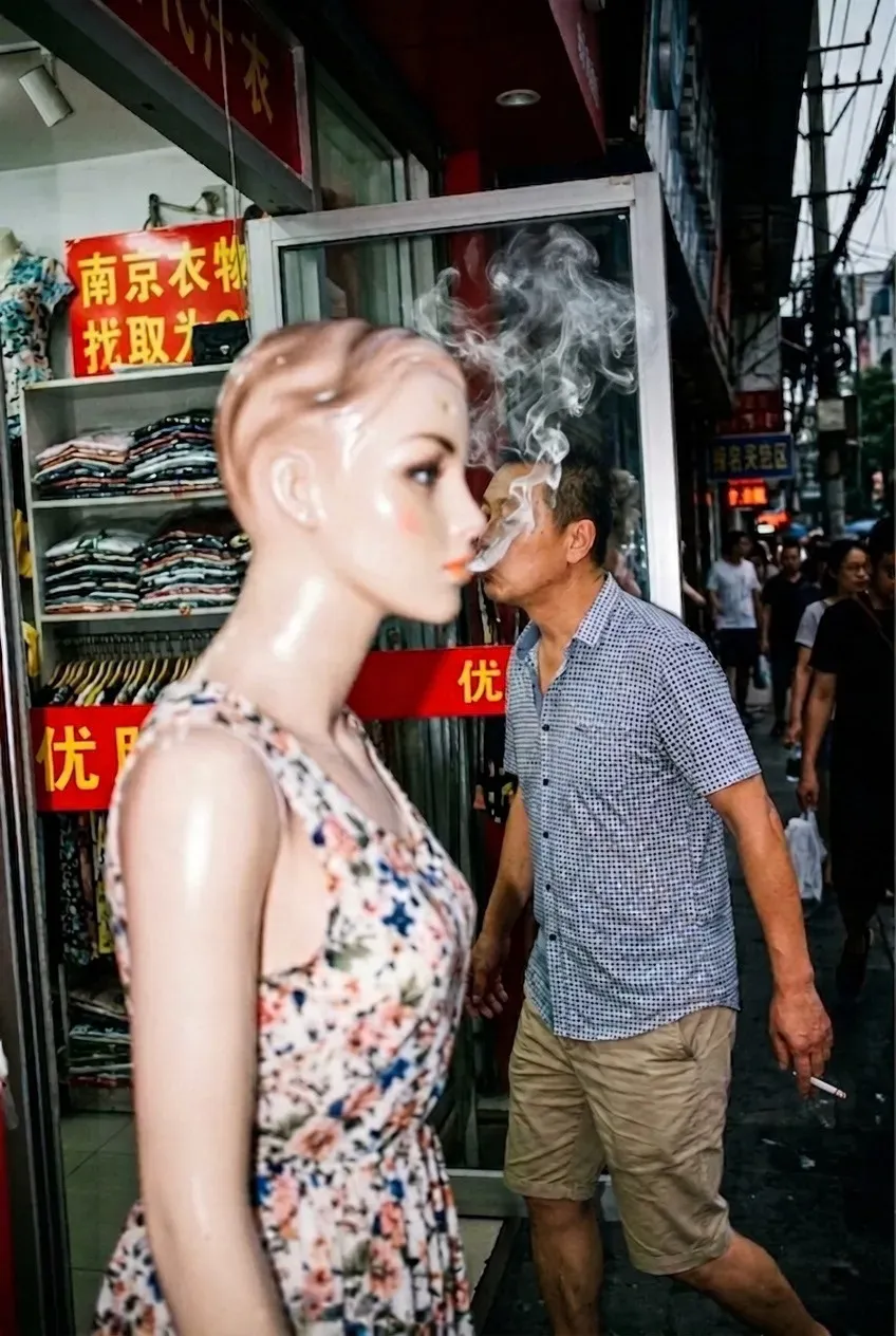AI-generated street photo of a man exhaling smoke beside a shop mannequin so the smoke seems to come from the mannequin's mouth