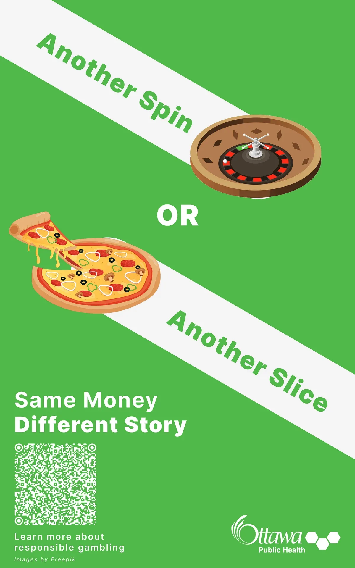 The original green poster: a vector roulette wheel and a vector pizza slice, with headlines in white bars