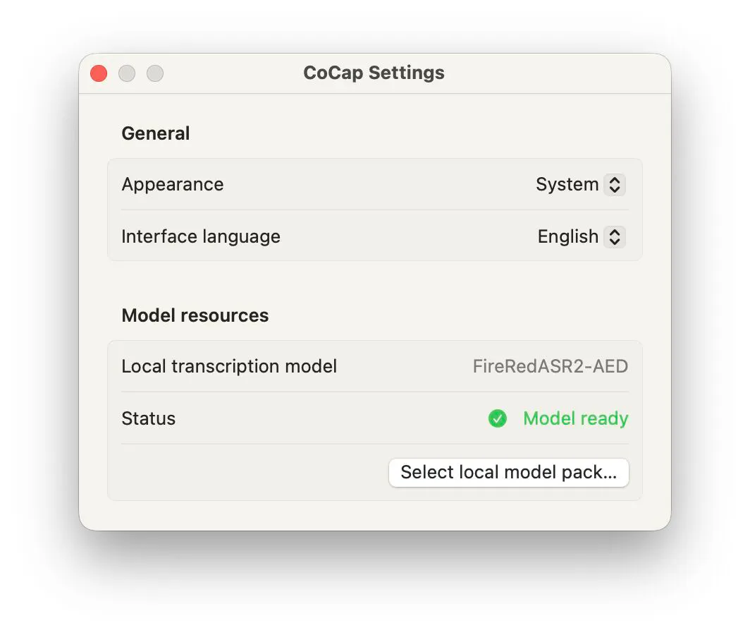 The CoCap Settings window with appearance, interface language, the local transcription model and a Model ready status