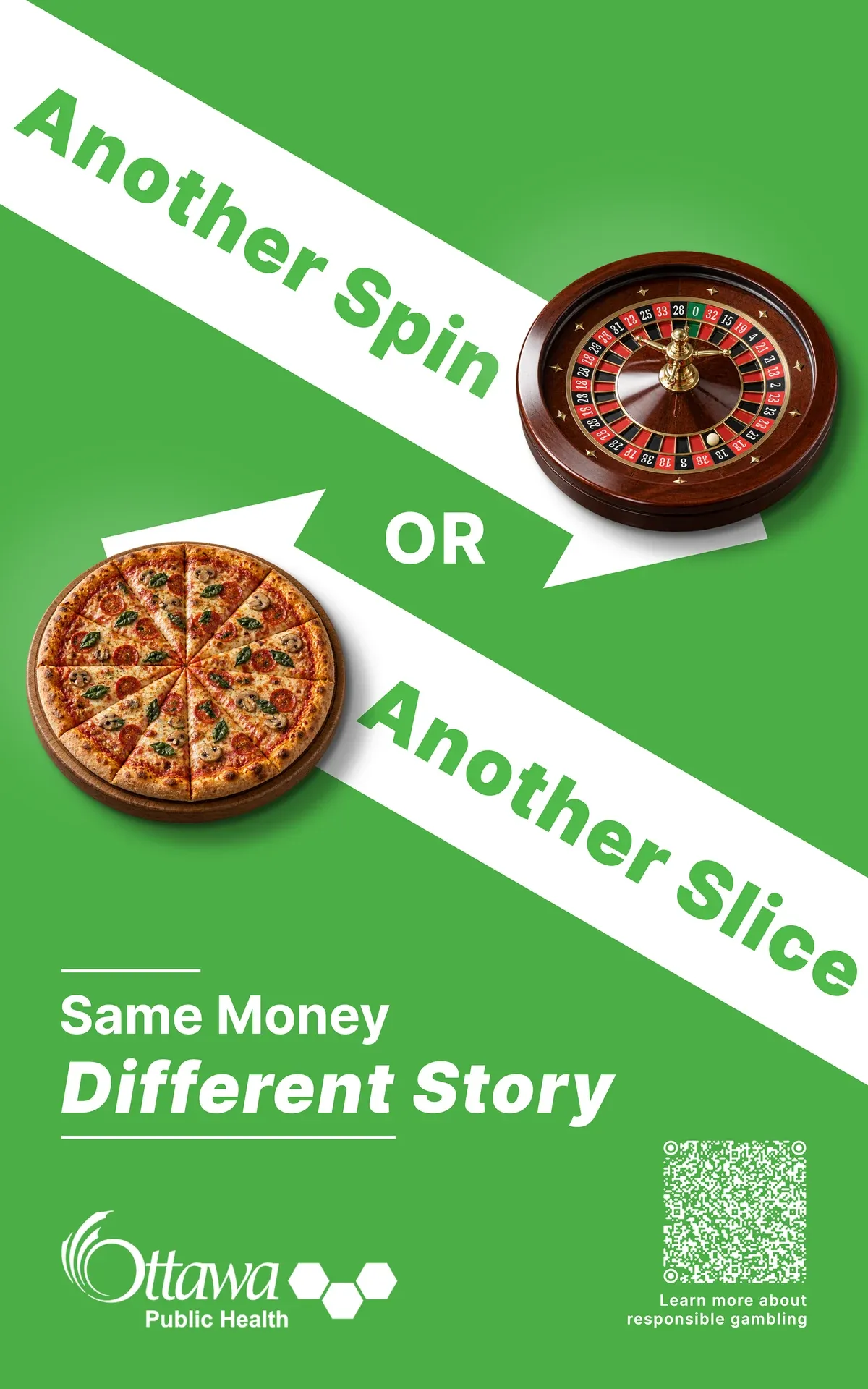 The redesigned green poster: a photo of a roulette wheel above a photo of a whole pizza, with headlines in white arrows