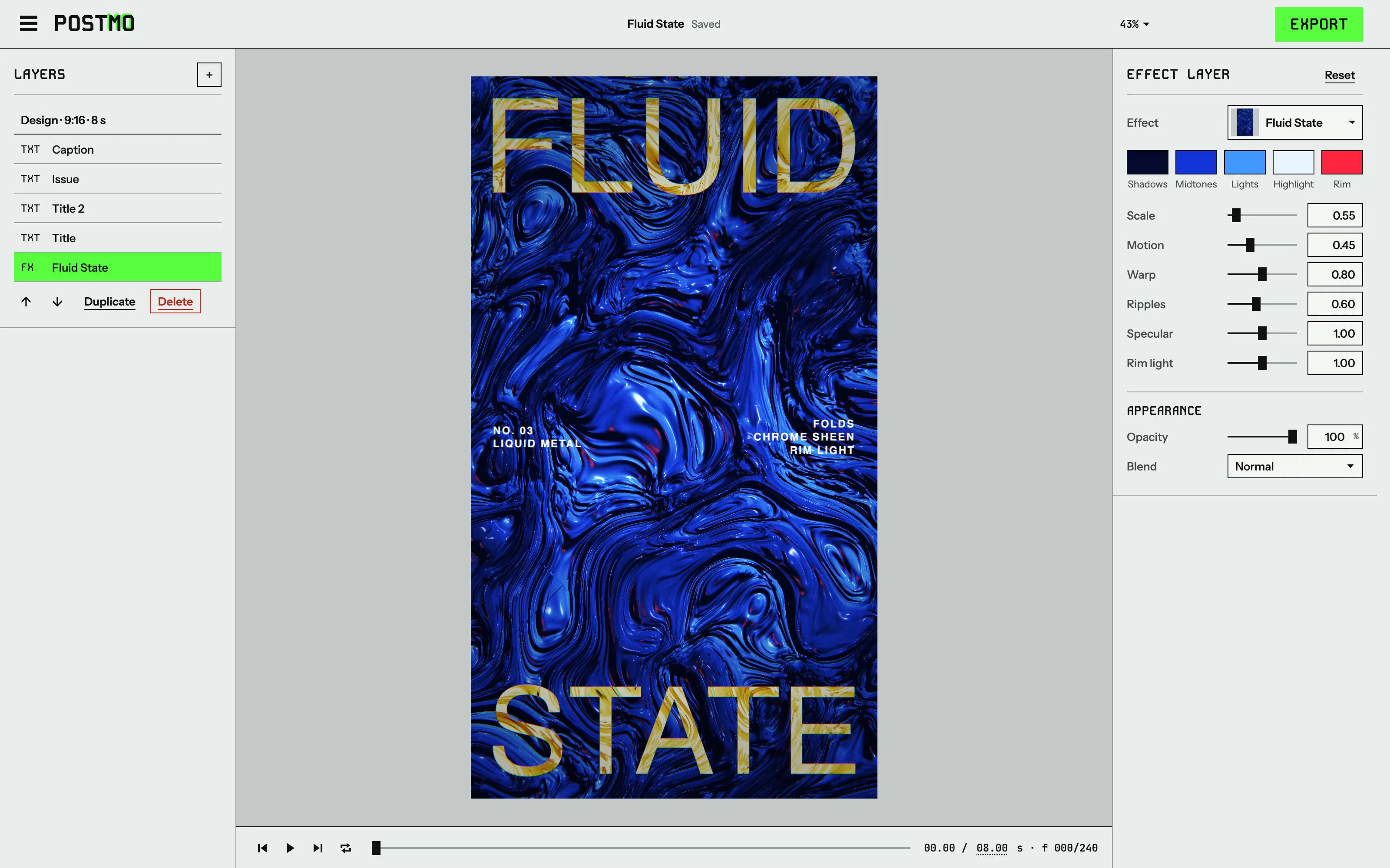 The editor before the change, with the shader as a full-canvas effect layer