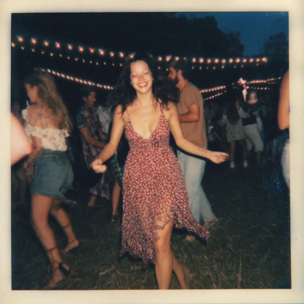 A film-style photo of a woman in a red dress dancing on grass at night under string lights