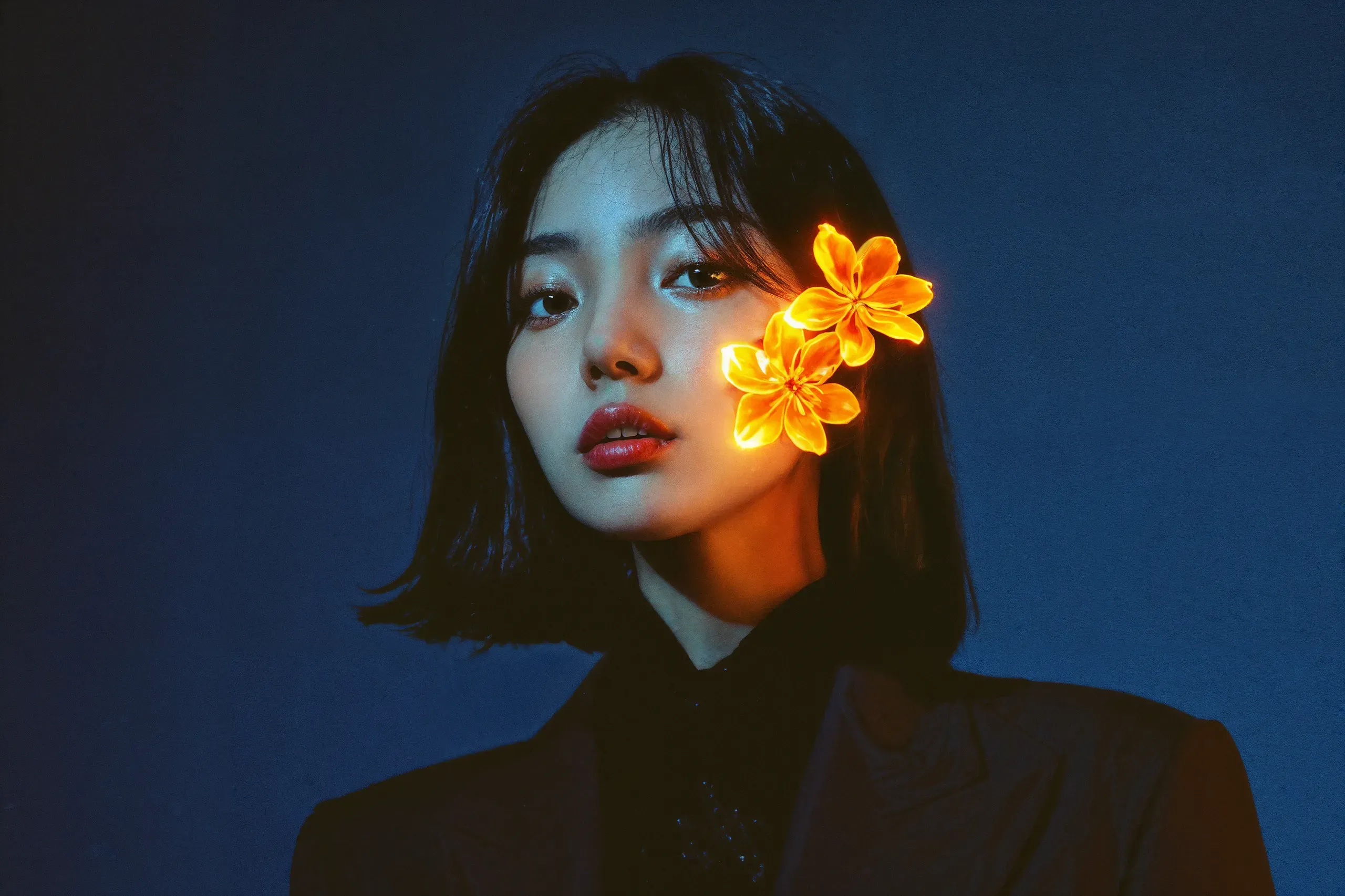 AI-generated portrait of a woman with a black bob and glowing orange flowers tucked behind one ear, against a dark blue wall