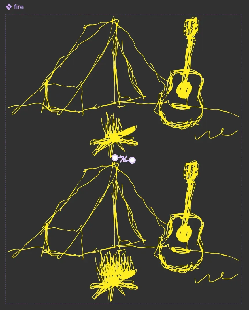 The same scene redrawn in yellow lines, in two frames with a different campfire