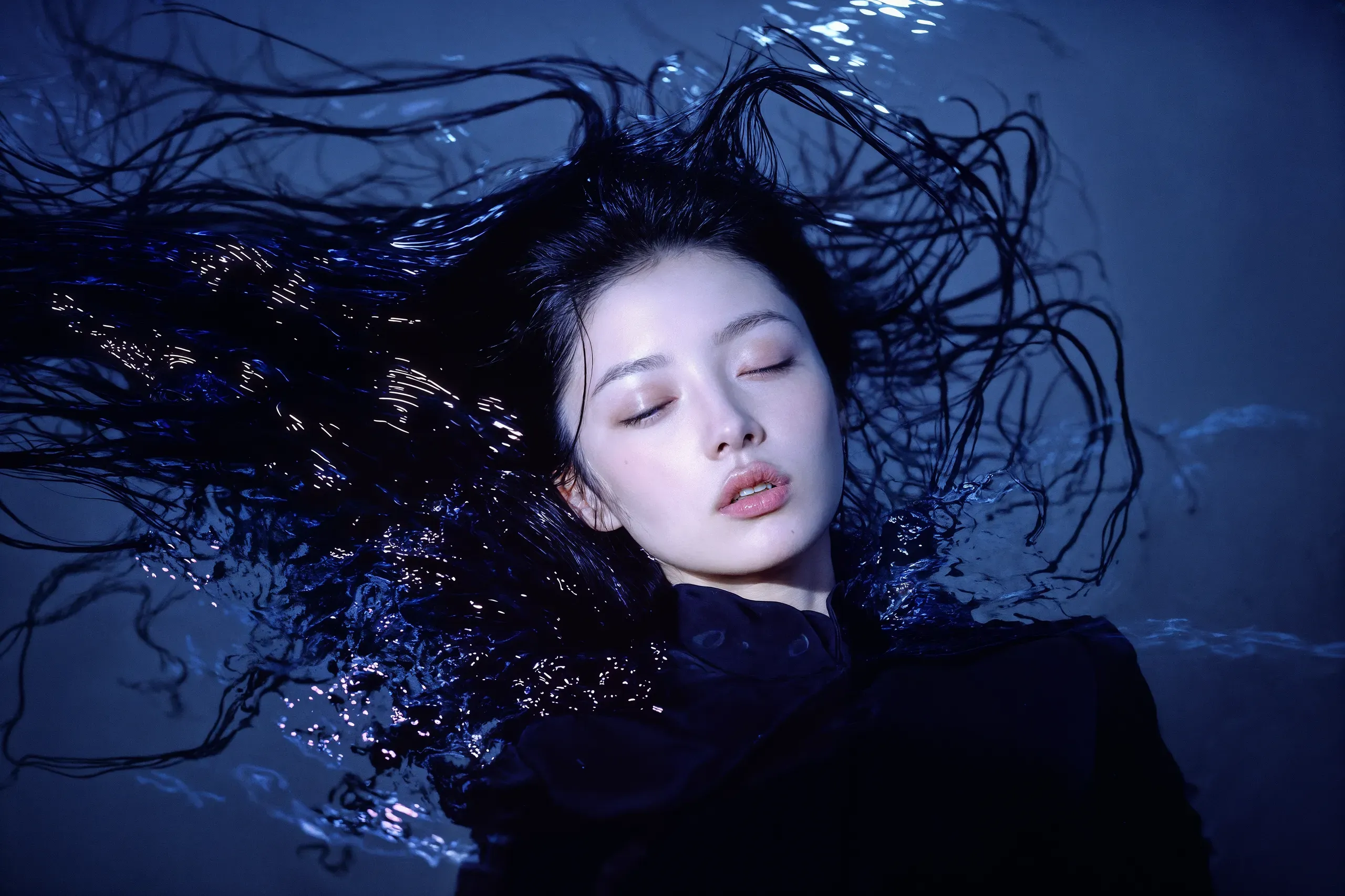 AI-generated portrait of a woman floating on her back in dark water with her eyes closed and her long hair fanned out around her