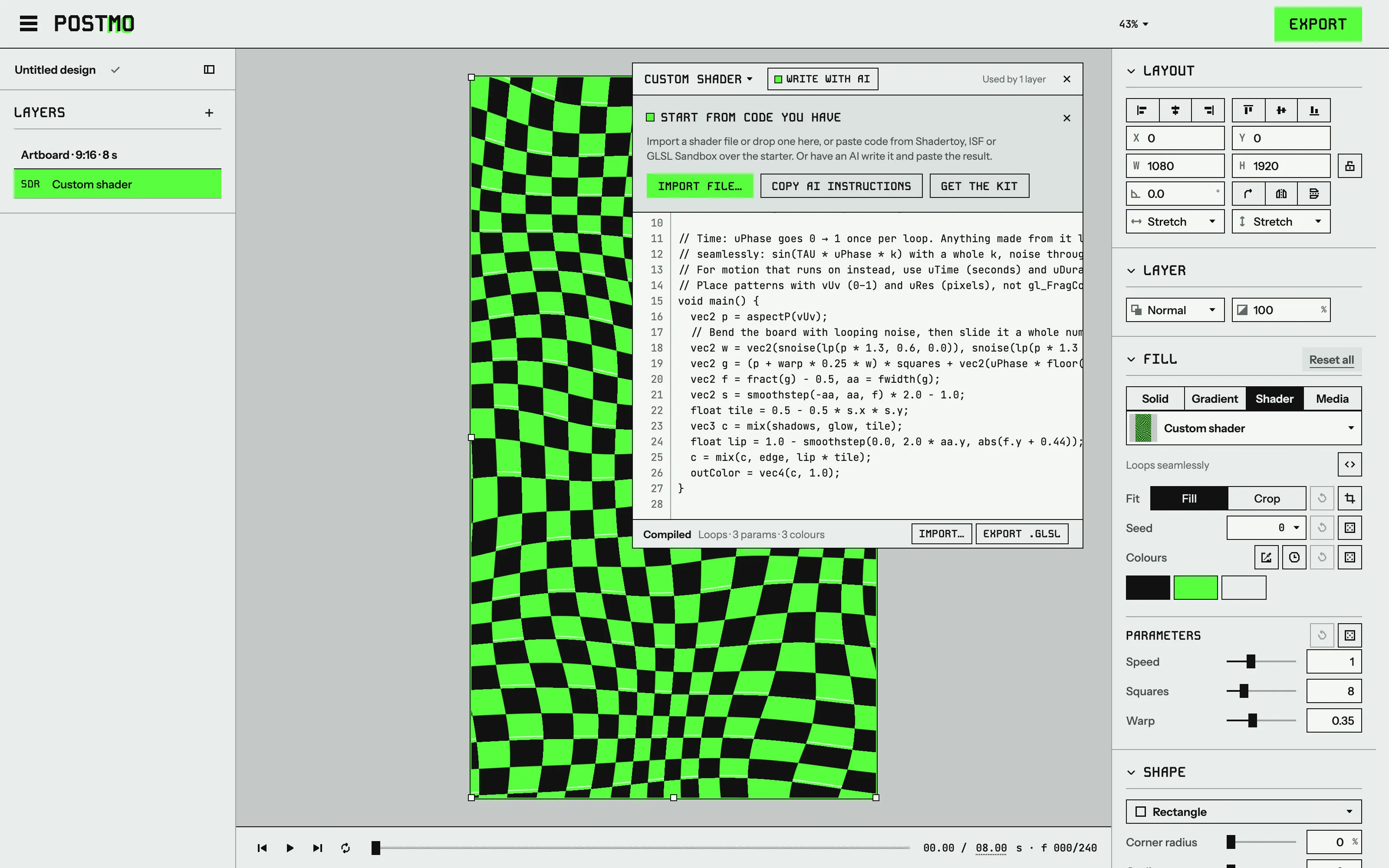 A new custom shader with its code window open