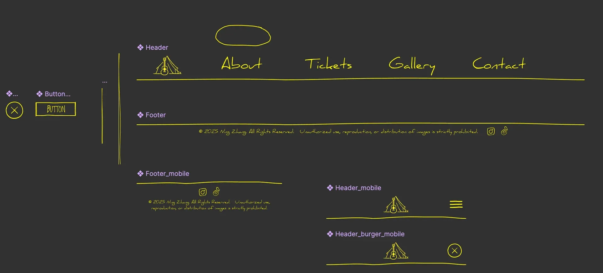 Figma components for the desktop and mobile header, the footer and a button, all drawn in yellow lines on dark grey