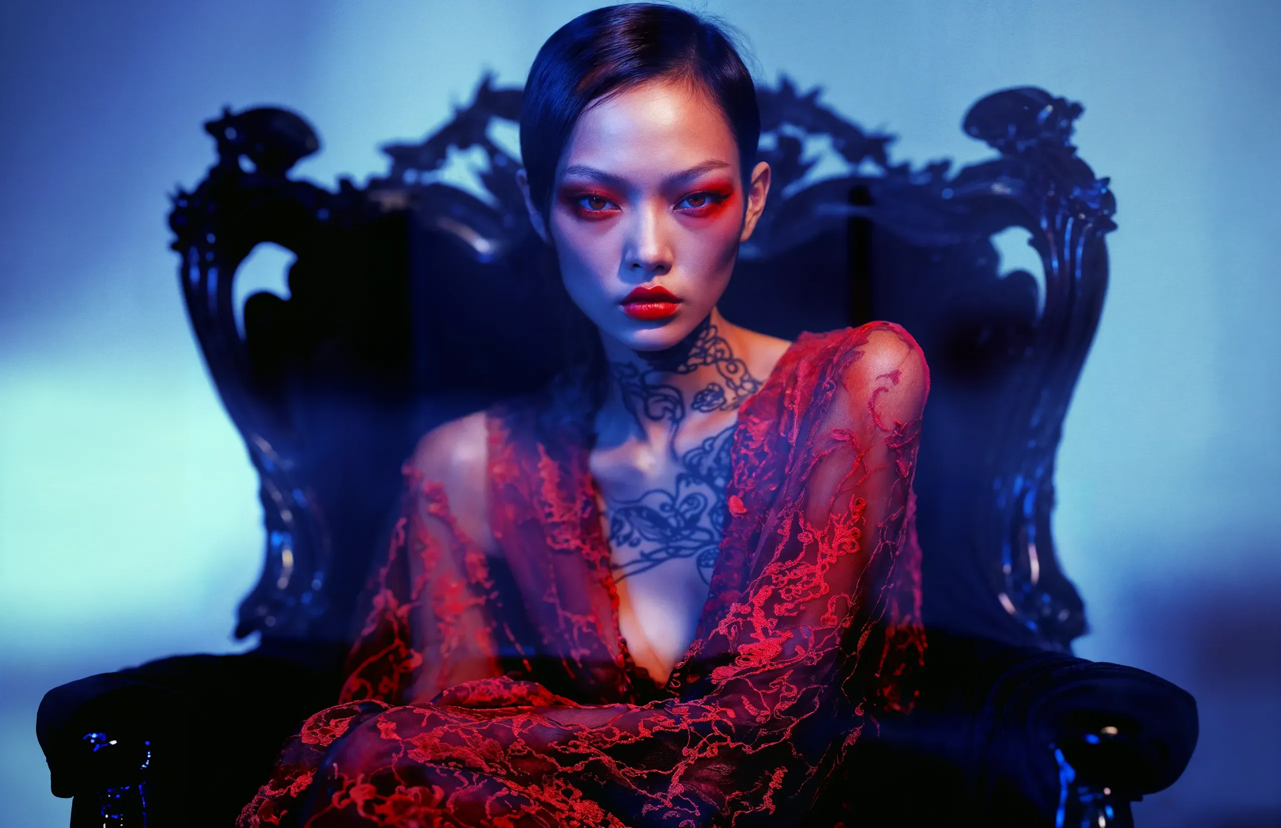 AI-generated portrait of a tattooed woman in red lace seated on a carved black throne under cold blue light