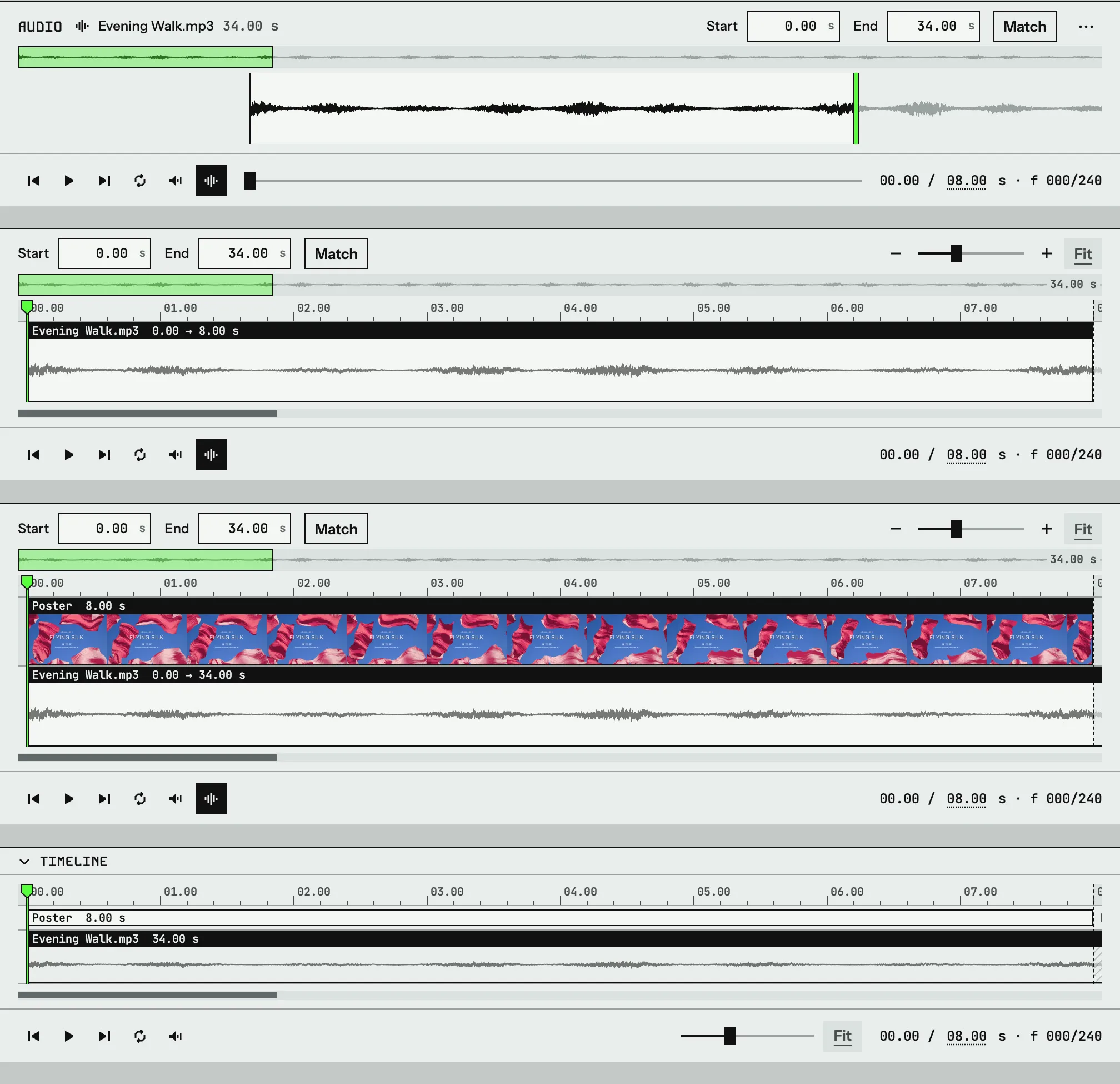 Four versions of the audio track below the canvas