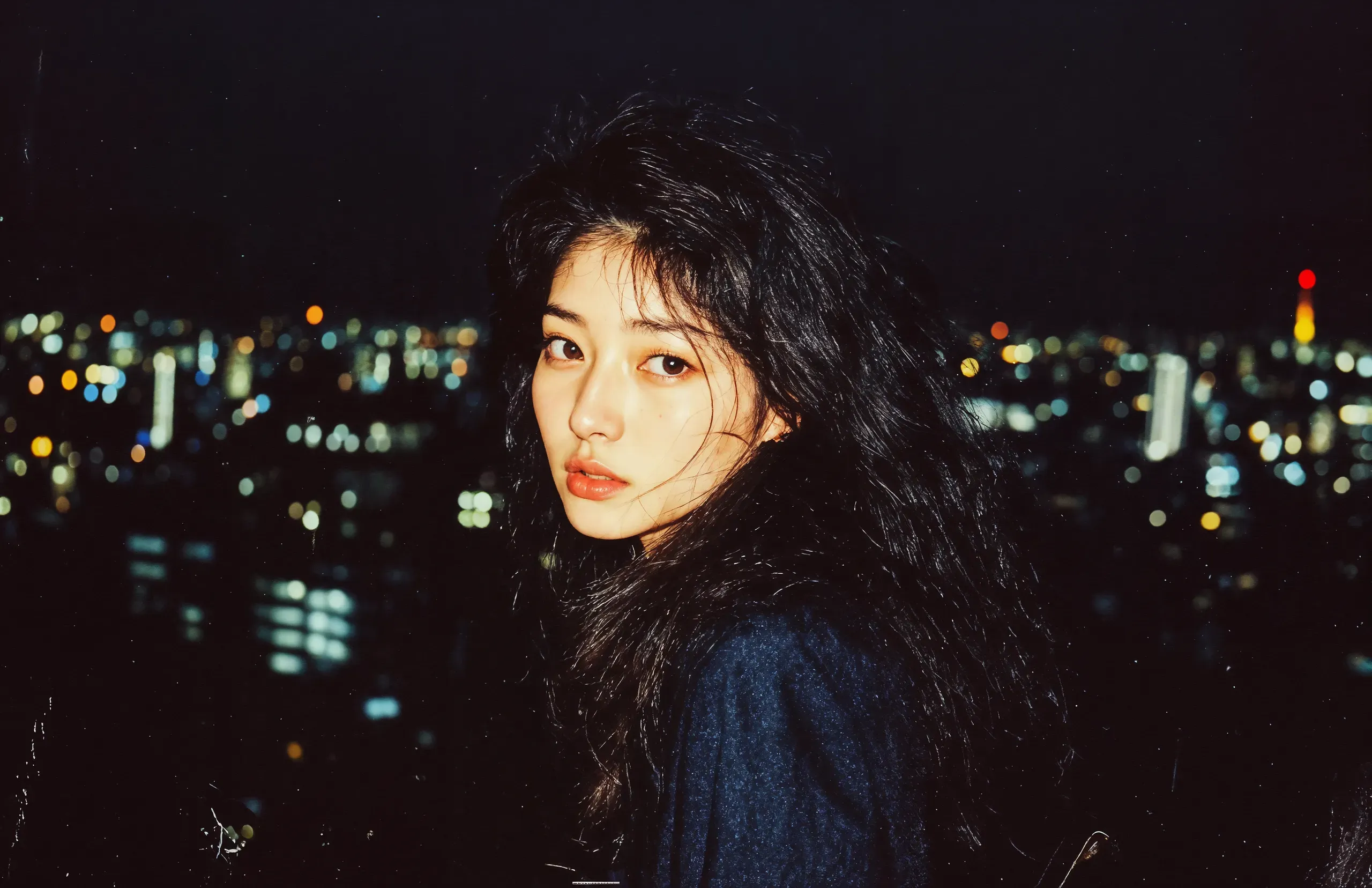 AI-generated portrait of a woman with long dark hair at night, the lights of a city blurred behind her