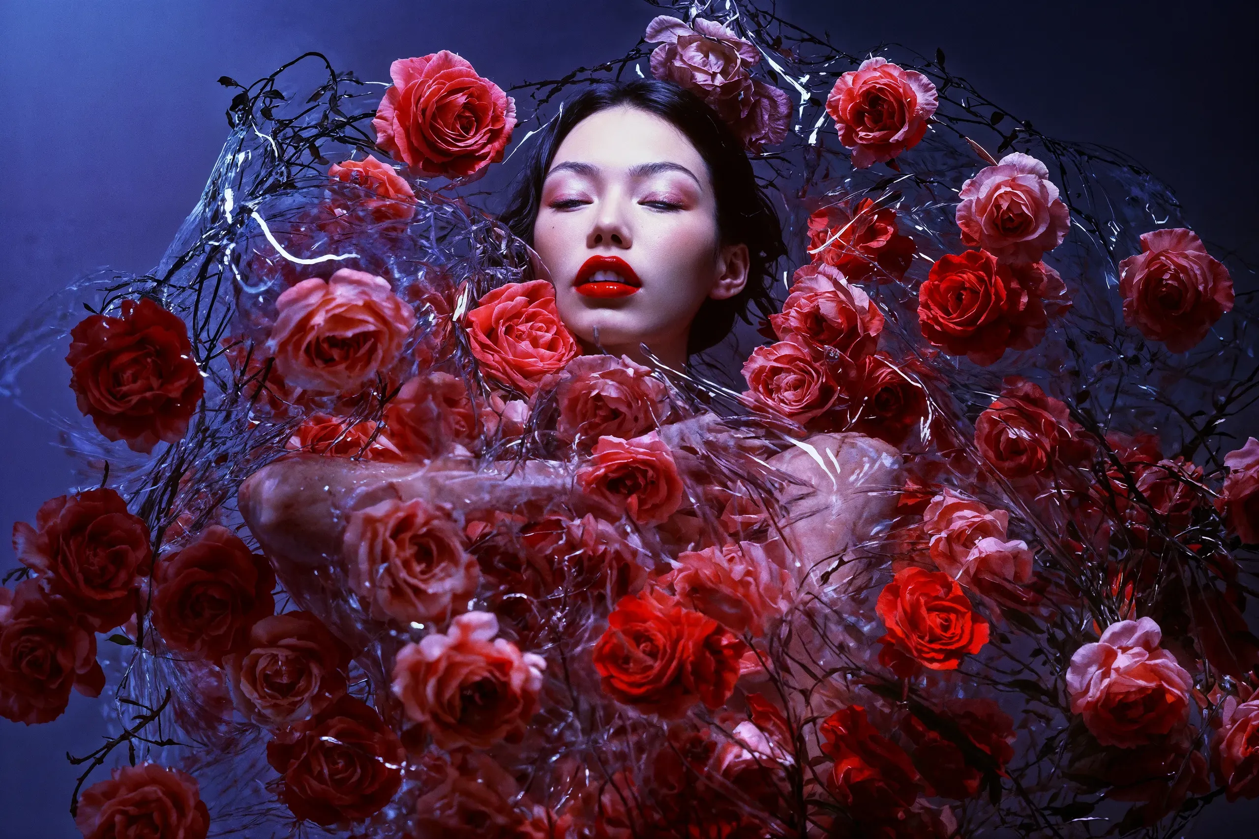 AI-generated portrait of a woman's face surfacing through a tangle of red roses and silver wire under blue light