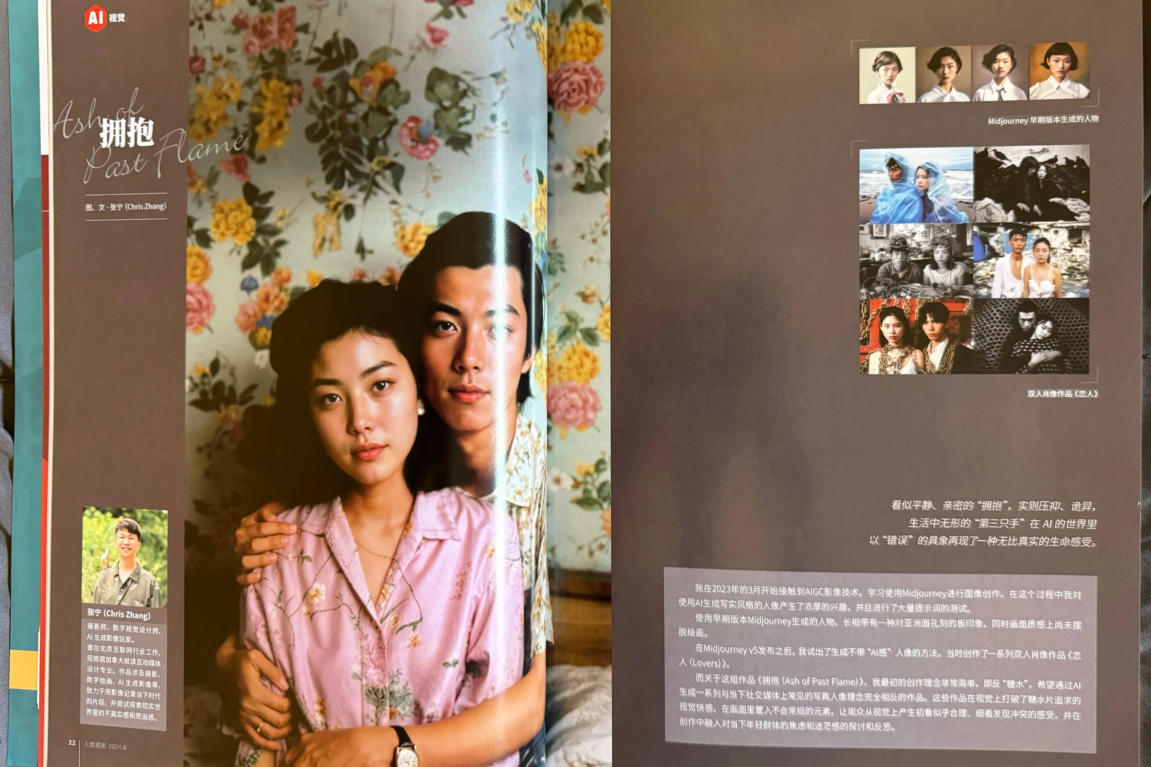 A spread in the August 2024 issue of Portrait Photography magazine, with my AI-generated portrait of a young couple against floral wallpaper.