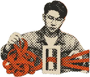 Ning Zhang untangling an orange ribbon through a paper frame