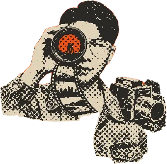 Ning Zhang looking through a camera lens, a strip of film and a cine camera beside